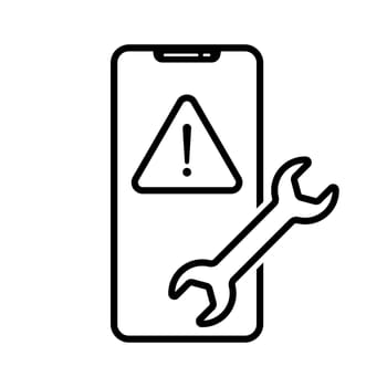 Smartphone repair icon. Wrench on mobile icon. Black linear icon.