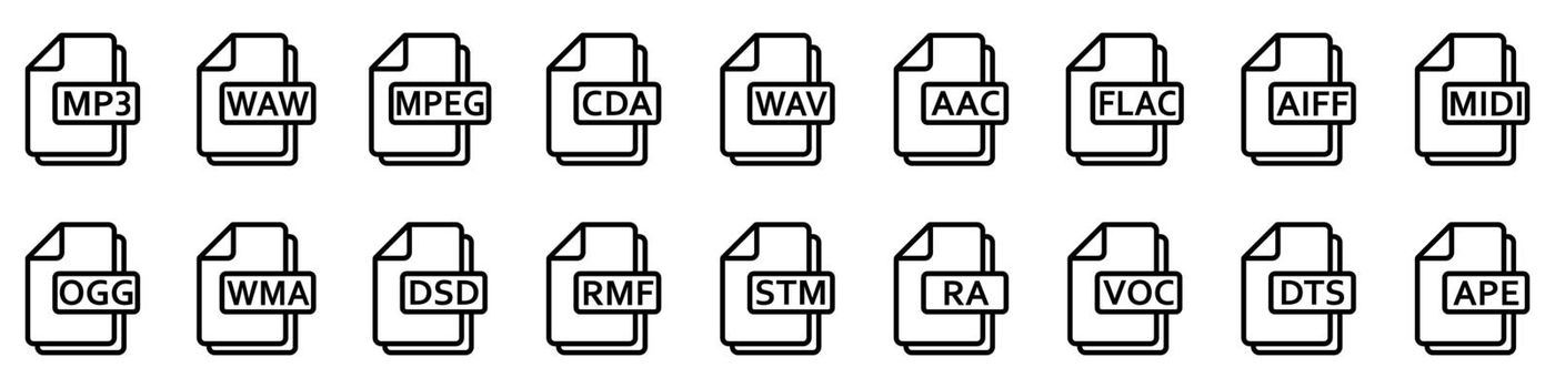 Audio file formats. Vector linear icons. Audio file icons.