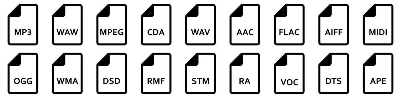 Audio file formats. Vector linear icons. Audio file icons.