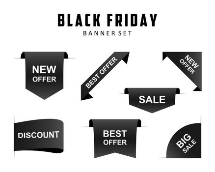 Black friday set of black ribbons banners on white background. Sale special offer discount ribbons banners. Vector illustration EPS 10