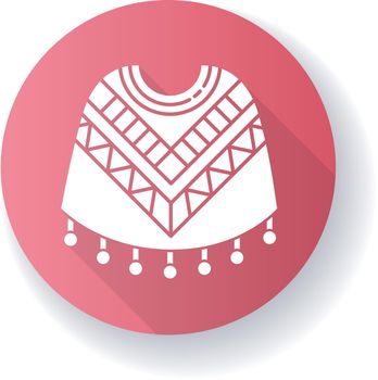 Poncho pink flat design long shadow glyph icon. Traditional native american people costume. Latino woolen wear with geometric ornament. Peruvian ethnic clothes. Silhouette RGB color illustration