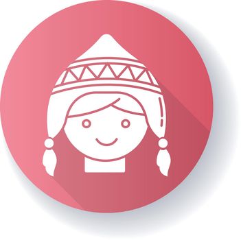Handknit hat pink flat design long shadow glyph icon. Cute peruvian girl. Traditional woolen headwear with ear flaps. Symbol of andean culture. National costume part. Silhouette RGB color illustration