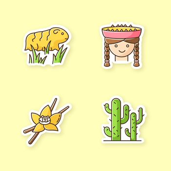 Peru printable patches. Incas country features. RGB color stickers, pins and badges set. Guinea pig, peruvian girl, vanilla, cactuses. Peruvian traditions, nature. Vector isolated illustrations