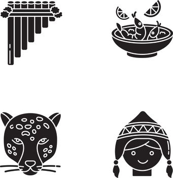Peru black glyph icons set on white space. Peruvian art, cuisine, animal world, costume. Siku, ceviche, jaguar, chullo hat. Customs of andean culture. Silhouette symbols. Vector isolated illustration