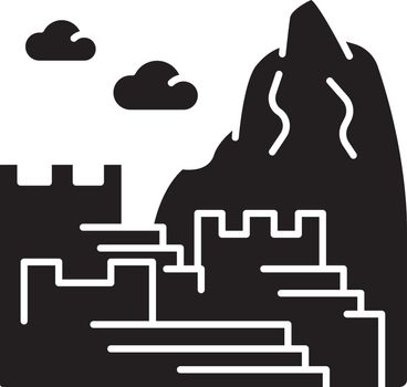 Machu picchu black glyph icon. Inca citadel in mountains. Tourist attractions Cusco. Sacred Valley in Eastern Cordillera. Silhouette symbol on white space. Vector isolated illustration