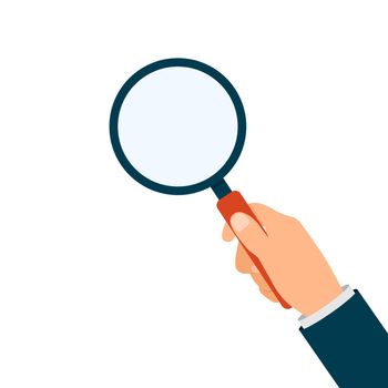 Hand holding magnifying glass isolated. Magnify lens in hand. Vector EPS 10