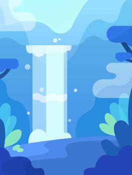 Vector flat landscape background illustration with waterfall, mountains, forest