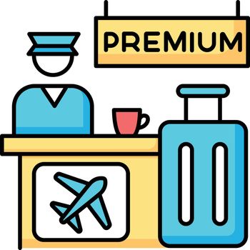Premium airplane reservation RGB color icon. Luxury lounge area for comfortable waiting. Airline services helpdesk. Checked luggage, baggage near counter. Isolated vector illustration