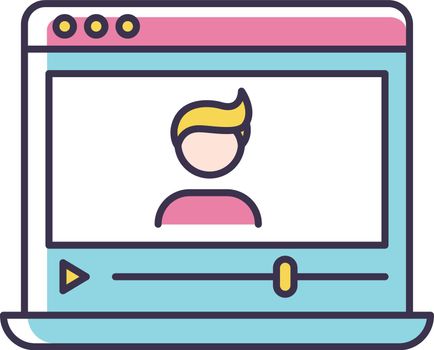 Vlogger RGB color icon. Influencer on social media platform. Watch recording online on computer. Stream video on internet. Livestream from blogger. Laptop screen. Isolated vector illustration