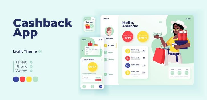 Cashback app screen vector adaptive design template. Internet shopping, money refund application day mode interface with flat character. Customer profile smartphone, tablet, smart watch cartoon UI