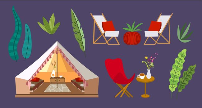 Glamping vector illustration. Beautiful picture with marquee and tropical flora.