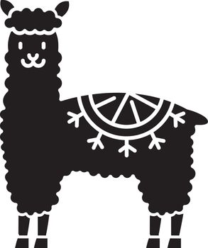 Alpaca black glyph icon. Peruvian domesticated cute woolly llama. South american adorable camelid. Hoofed ruminant animal from Andes. Silhouette symbol on white space. Vector isolated illustration