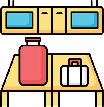 Baggage custom check RGB color icon. Luggage on desk in airport terminal. Border check of passenger bags. Conveyor belt with suitcases. Aircraft checkpoint. Isolated vector illustration