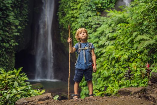 Boy with a trekking stick on the background of Leke Leke waterfall in Bali island Indonesia. Traveling with children concept