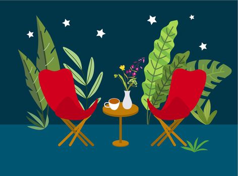Glamping vector illustration. Beautiful picture with armchair and tropical flora