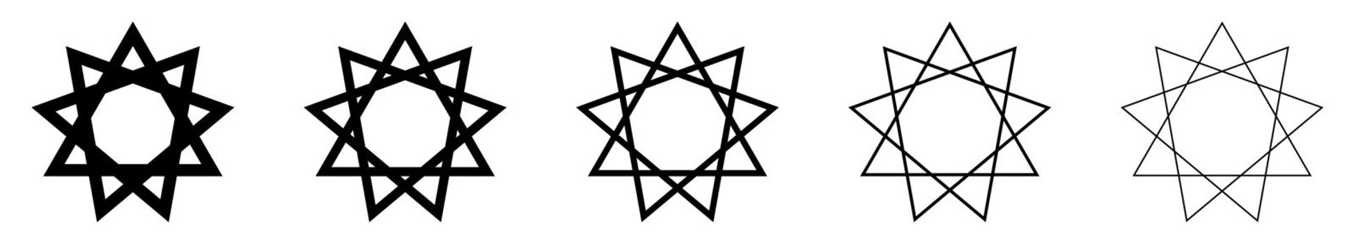 Bahai star. Black linear Baha'i symbols set. Religious symbol of Bahaism.