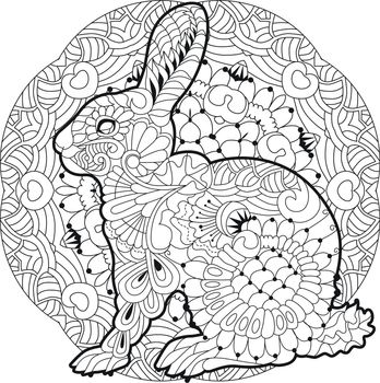 Spring rabbit on mandala. Coloring page for adult and children.