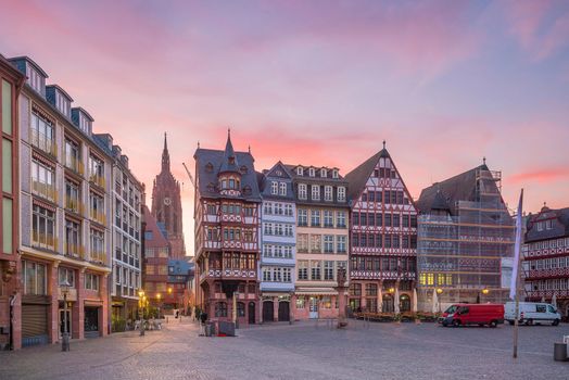 Old town square romerberg in downtown Frankfurt, Germany at sunrise