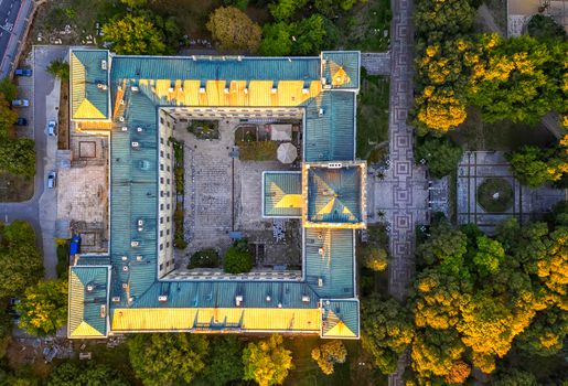 Aerial view from drone of the building of the Archaeological Museum, Varna, Bulgaria. Top view