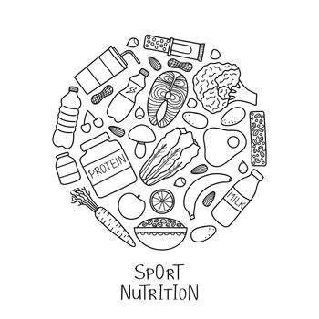 Doodle sport nutrition items in circle.