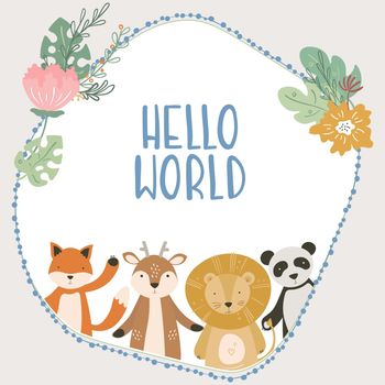 Cartoon cute animals for baby card. Vector illustration. Lion , bunny and tiger