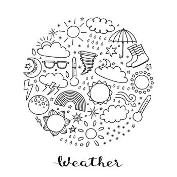 Doodle outline weather icons including sun, clouds, rain drops, snowflakes, stars, moon, rainbow, thunder, thermometer composed in circle with lettering.