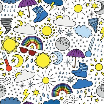 Seamless pattern with colorful doodle weather items.