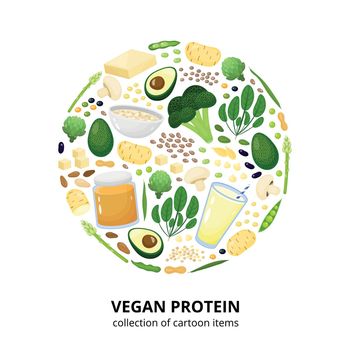 Vegan protein sources in circle.