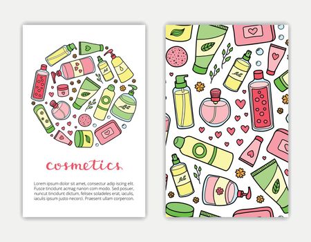 Card templates with doodle colored beauty products and cosmetics. Used clipping mask.