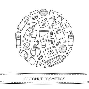 Hand drawn outline beauty products with coconut for body and hair composed in circle shape.