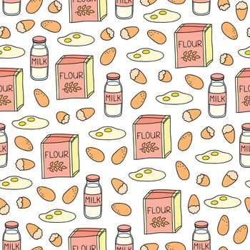 Seamless pattern with flour, eggs and milk.