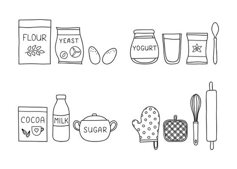 Groups of doodle baking ingredients.