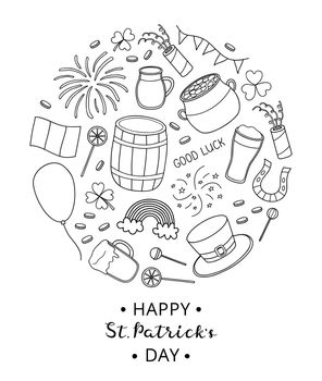 Hand drawn items for Saint patrick s day in circle.