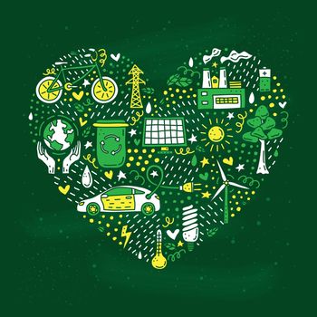 Doodle ecology and environment icons in heart shape.