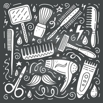 Set of barber shop doodle icons.