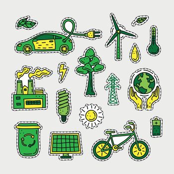 Set of doodle ecology and environment stickers.