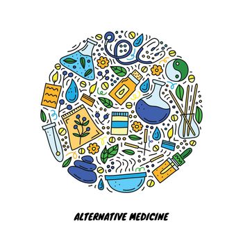 Doodle colored alternative medicine and ayurveda icons composed in circle shape.