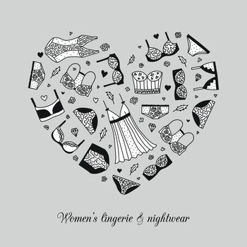Hand drawn women lingerie and nightwear in heart shape.