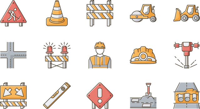 Road works RGB color icons set. Roadsign for construction. Worker in safety helmet. Bulldozer truck. Roller for laying pavement. Waterpass to measure surface accuracy. Isolated vector illustrations