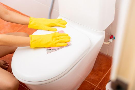 Hands of Asian woman cleaning toilet seat by pink cloth wipe restroom at house