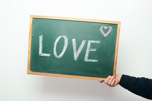 chalkboard with the word LOVE handwritten in chalk