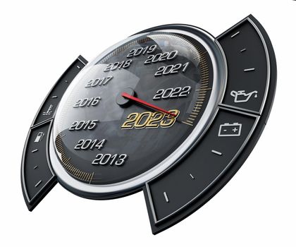 Speedometer needle pointing the year 2023. 3D illustration