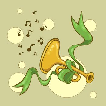 Musical instrument trumpet entwined with green ribbon.