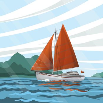 Stylized seascape with the sailboat floating on the waves