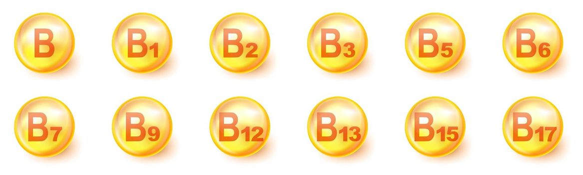 Vitamins round icons. Set of vitamins B grupy. Vector illustration.