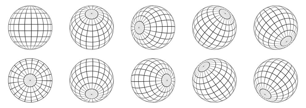 3d spheres globe earth. Linear globe grid in different angles.