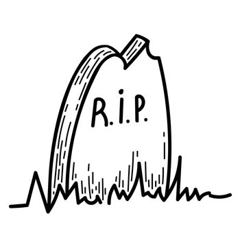 Headstone in the cemetery for Halloween. Doodle symbol of holiday horror drawn by line. Terrible gravestone. Black outline vector element. The grave of the deceased. Day of the Spirits.