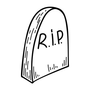 Headstone in the cemetery for Halloween. Doodle symbol of holiday horror drawn by line. Terrible gravestone. Black outline vector element. The grave of the deceased. Day of the Spirits.