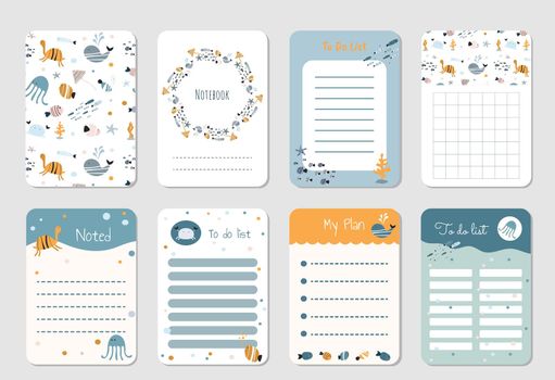 Notebook cover and pages with fishes and underwater cartoon animals drawings for school and kids. Vector pages set template with modern colorful paints