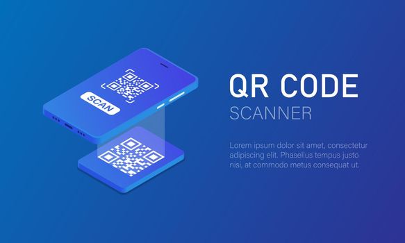 Qr code scanning. A mobile phone with a scanner reads the qr code in isometric style. Vector illustration EPS 10